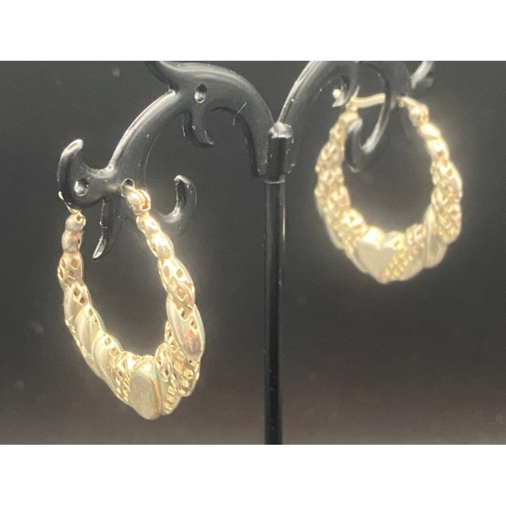 Sterling Silver 925 Heart Hoop Earrings Textured Diamond Cut Thailand 1" 2.62g - Picture 2 of 9